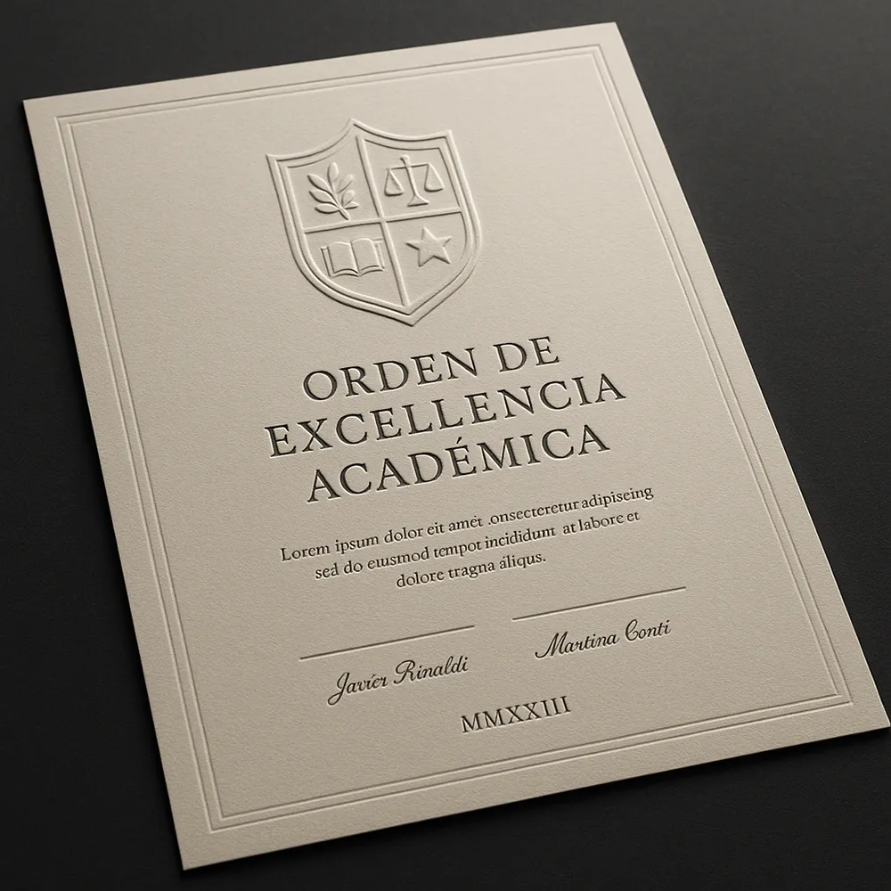 Diploma que muestra la aplicación del relieve seco en diferentes formas. Sobre relieve y bajo relieve en diferentes aplicaciones.